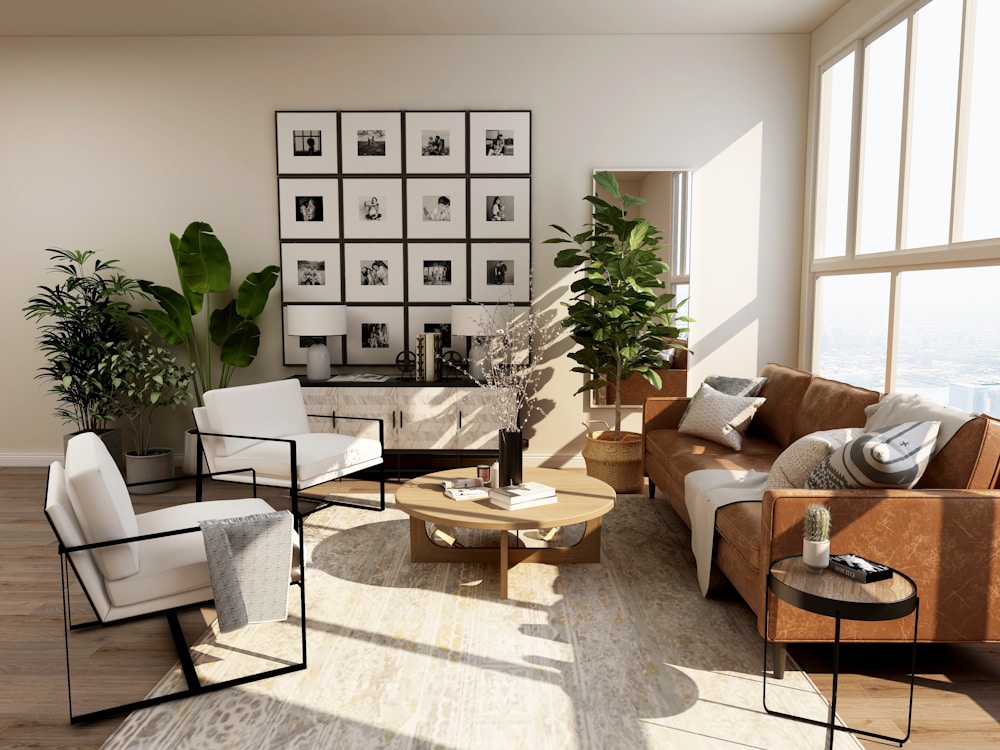 Bright living room with neutral furniture and layered natural textures
